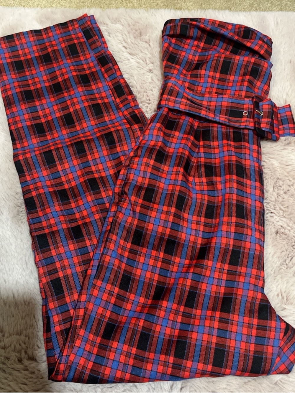 Red & Black Plaid Belted Jumpsuit
